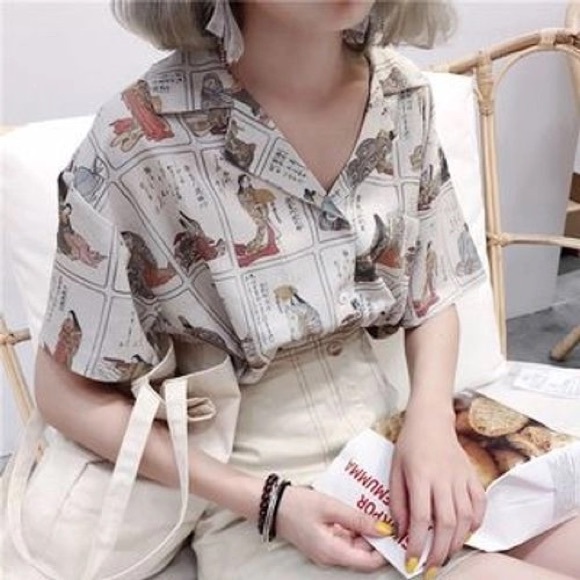 NWOT YesStyle Short-Sleeve Printed Shirt | Japanese Woodblock Calligraphy Design - Picture 4 of 6